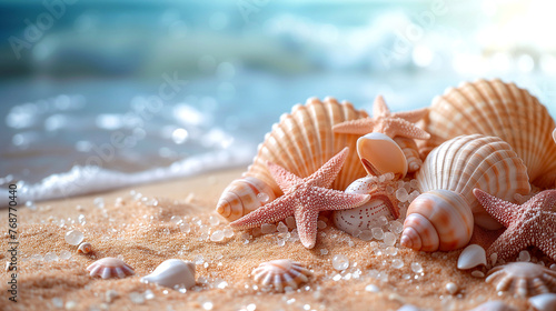 Seashells and starfish on sandy beach with sea background © Виктория Дутко