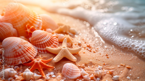 Seashells and starfish on the beach. Summer background © Виктория Дутко