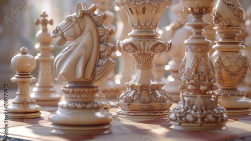 A spellbinding close-up of a chessboard with beautifully sculpted pawn and king pieces