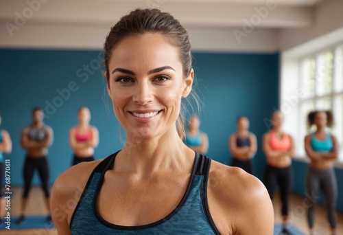 A fitness trainer at the gym, smiling at the camera, possibly before or after leading a workout session.