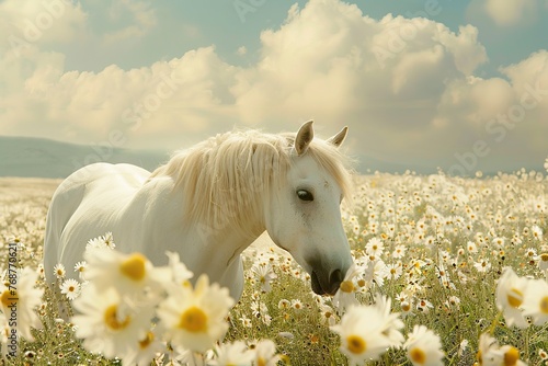 White Horse in Field of Daisies