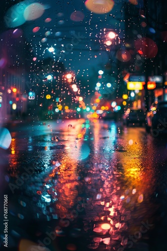 Vibrant Cityscape on a Rainy Night
