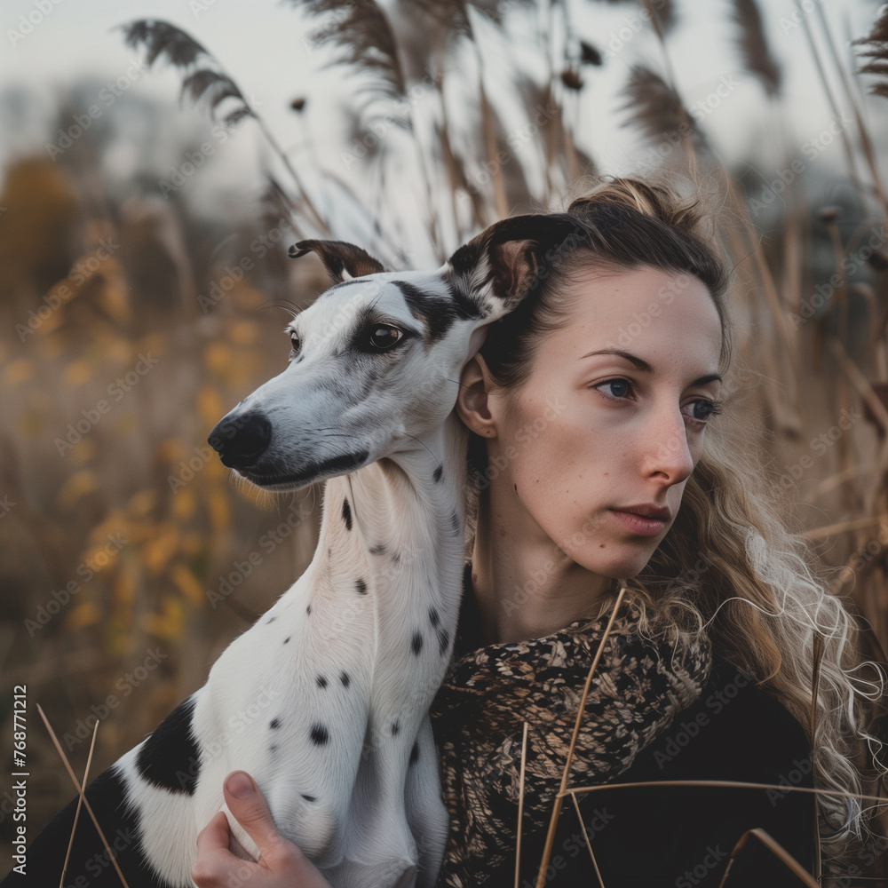 woman with a greyhound in nature looking in different directions woman with a greyhound in nature looking in different directions