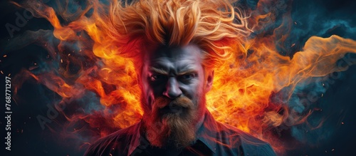 A man with long hair is standing in front of a crackling fire, his face illuminated by the flickering flames. The fire casts a warm glow on his features as he looks into the dancing flames.