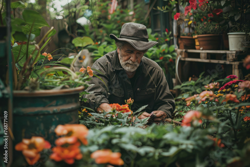 Professional Photography of a Gardening Enthusiast Tending to Their Lush Garden Oasis, Generative AI © Giantdesign