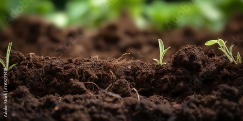 Close up of green sprout growing in soil. Nature background.