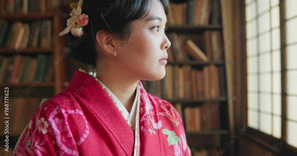 Japanese woman, thinking and traditional clothes in library for mindfulness and vision in religion education. Young person, window or bookshelf in reflection or ideas, memory or spiritual perspective Japanese woman, thinking and traditional clothes in library for mindfulness and vision in religion education. Young person, window or bookshelf in reflection or ideas, memory or spiritual perspective