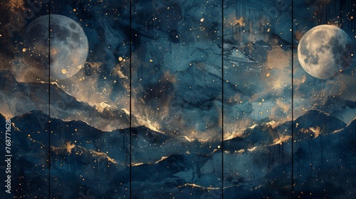 split background with a celestial theme, using deep shades of indigo and shimmering gold.