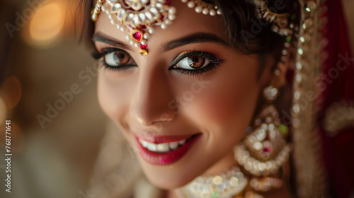 Portrait of a beautiful indian woman with make up and jewelry. AI.