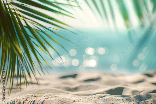 Tropical beach with coconut palm leaf and bokeh sun light. AI.