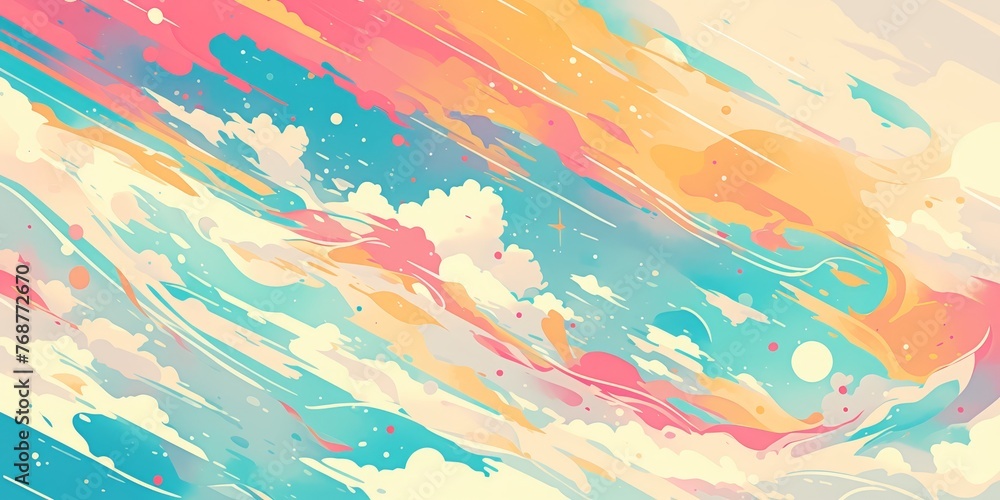 Abstract background with pastel colors and fluid shapes, creating an artistic atmosphere. The design is made of soft brushstrokes in pink orange teal white tones, giving it a dreamy feel. 