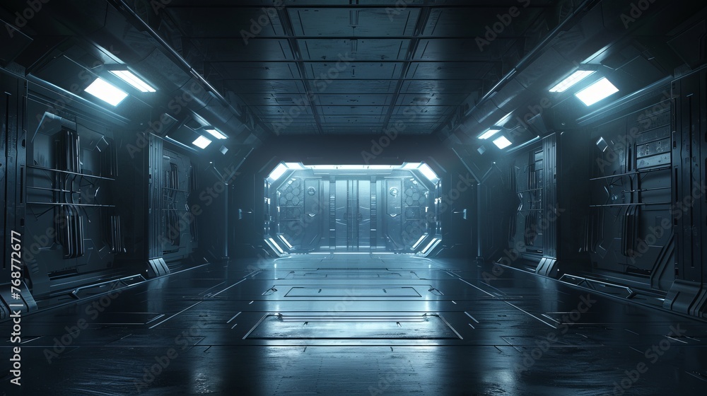 An empty dark room depicted in a modern futuristic Sci-Fi background through a 3D illustration, setting the stage for a high-tech environment An empty dark room depicted in a modern futuristic Sci-Fi background through a 3D illustration, setting the stage for a high-tech environment