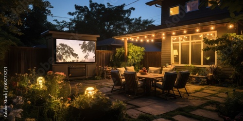 Backyard Movie Screen and Patio Furniture Setup Generative AI
