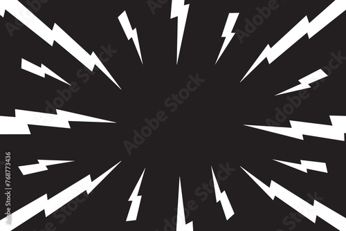 Thunder bolt pattern. Electric power, flash light, jagged stripes background. Super hero, bang, speed or surprise cartoon effect. Black and white comic print. Vector graphic illustration