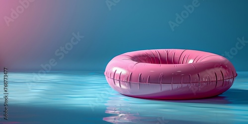 Pink inflatable ring floating in the water on a blue background