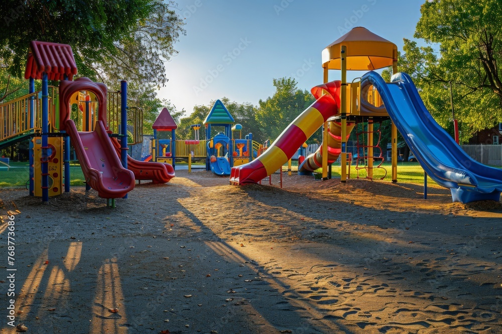 A colorful playground with a slide and play area, where children are playing and having fun under the bright sun.