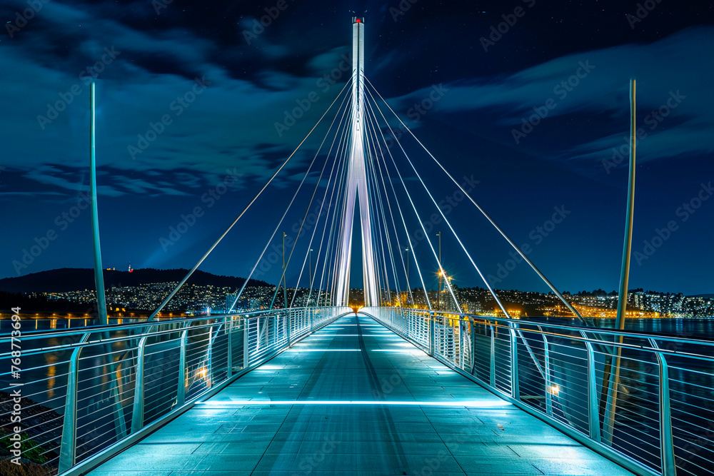 Illuminated bridge spanning river at night