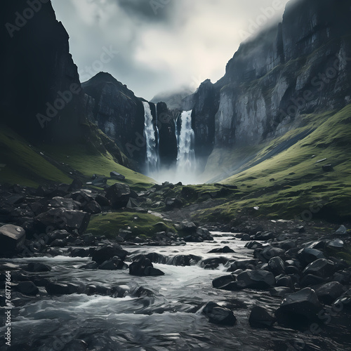A dramatic waterfall in a remote wilderness
