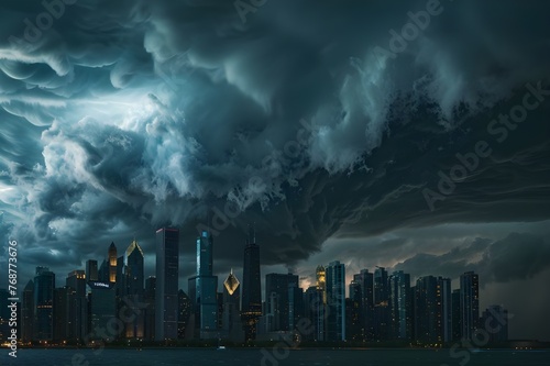 Time-lapse of a thunderstorm rolling in over a city skyline. 