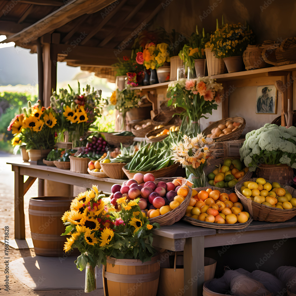 A farmers market with fresh produce and flowers. 