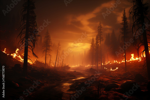 Fiery Twilight Inferno Engulfing Forest Wilderness in Apocalyptic Blaze Banner