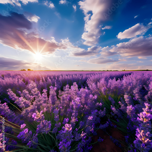 A field of blooming lavender under a blue sky. 