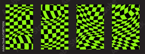 Set of distorted chessboard backgrounds. Psychedelic posters with green and black warped squares. Checkered visual illusions. Preppy patterns in 60s 70s 80s 90s y2k style. Vector flat illustration