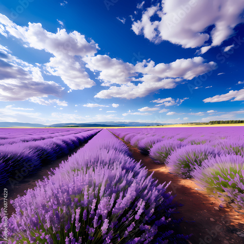 A field of blooming lavender under a blue sky. 