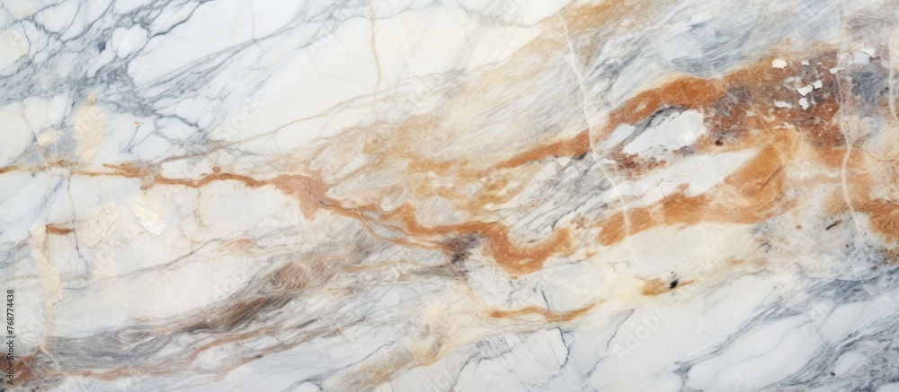 This close-up view showcases the intricate details of a marble surface, featuring a blend of brown and white colors. The marble displays a unique texture with veining and patterns, creating a visually