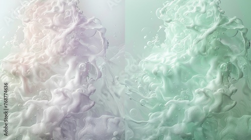 split canvas featuring soft lilac and mint green tones, enhanced by clusters of transparent bubbles dispersed evenly across both sections.