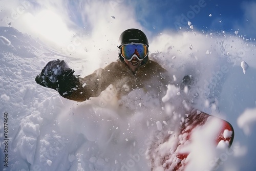 A man intensely conquering a snow-covered slope on a snowboard in close quarters perspective.