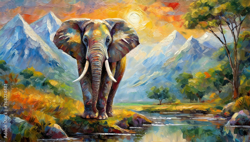 Oil painting of elephant, artist collection of animal painting for decoration and interior. - obrazy, fototapety, plakaty 