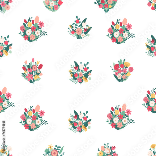 Seamless pattern beautiful bouquets with garden and wild flowers vector flat illustration. Flower bouquet. Plants with stems and leaves isolated on white. 