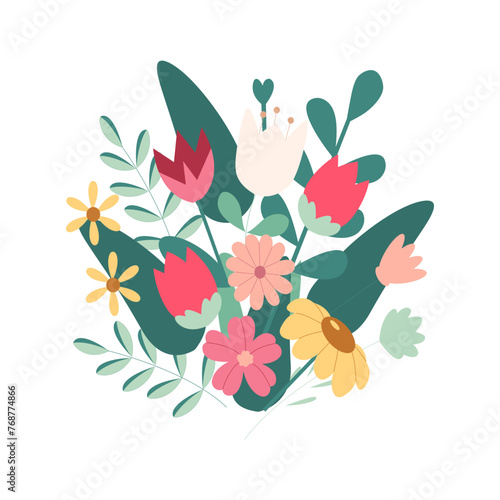Different beautiful bouquets with garden and wild flowers vector flat illustration. Flower bouquet. Plants with stems and leaves isolated on white. 