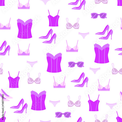 Fashion clothes seamless pattern women. Trousers, blouses, shoes, coats, accessories. Colored flat vector illustration isolated on white background