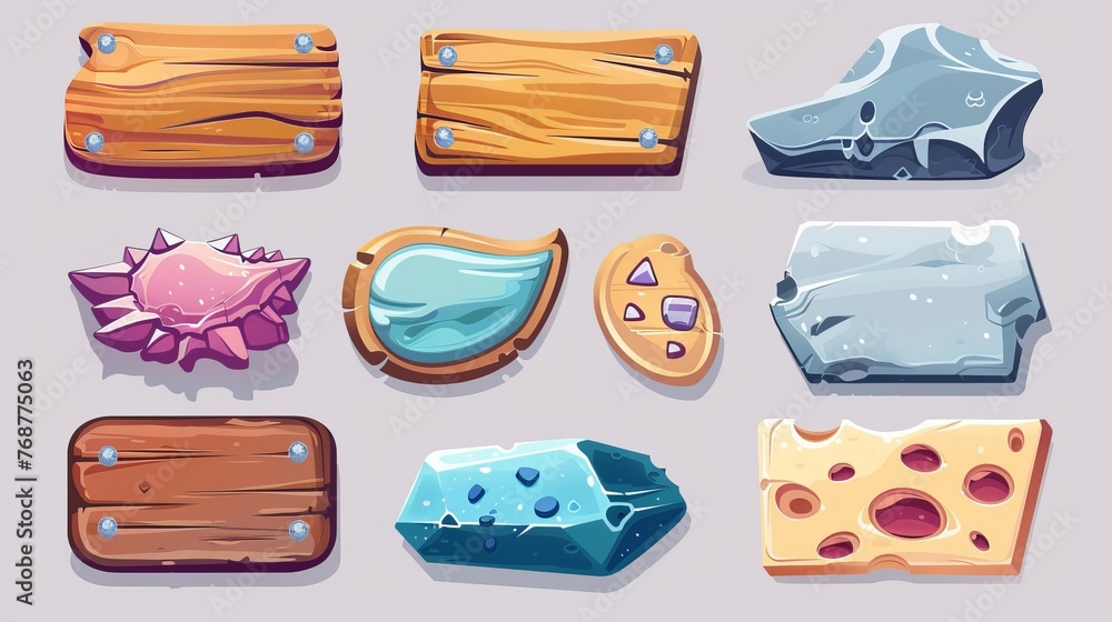 Game UI buttons designed for app interfaces, featuring cartoon menu ...