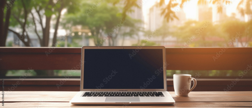 Fototapeta premium Laptop with blank screen and coffee cup on wooden table in coffee shop