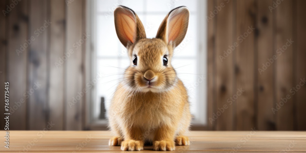 Obraz premium Brown Rabbit Sitting on Wooden Table Generative AI