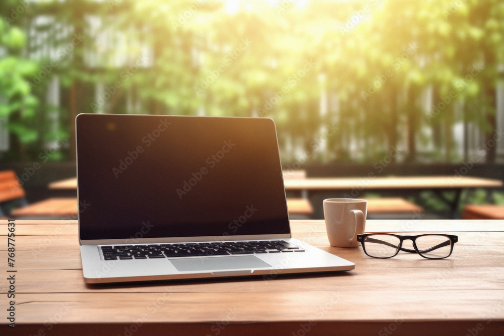 Laptop with blank screen on wooden table with coffee cup and glasses . Laptop with blank screen on wooden table with coffee cup and glasses .