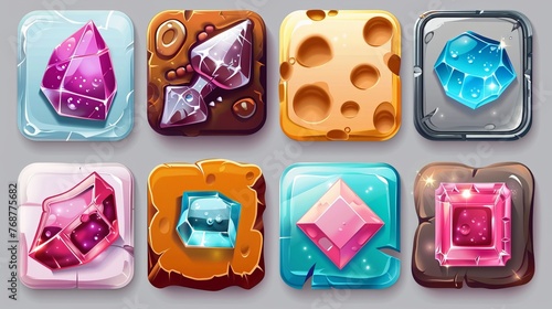 Game UI buttons designed for app interfaces, featuring cartoon menu plaques or banners, crafted with textured GUI graphic design elements like ice, wood, stone, metal, and cheese