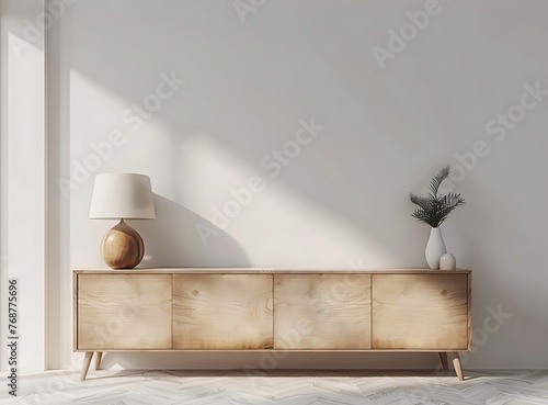3D rendering of an empty wall in a living room interior with a sideboard and lamp on a light gray background, in a minimalistic style, copy space for design mock up, flat lay © Sikandar Hayat