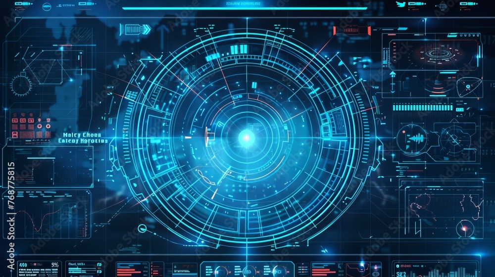 Radar screen visuals, serving as elements for HUD interfaces, encapsulated within a vector illustration, set against a technology-themed background
