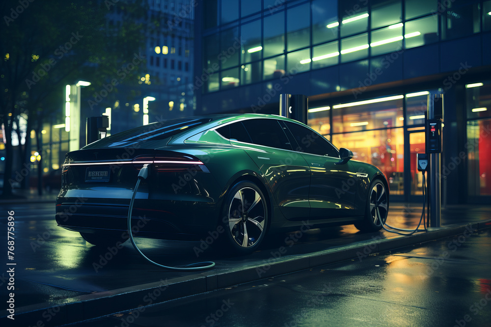 Electric Vehicle Charging Peacefully on a Rainy Evening - Urban Banner - obrazy, fototapety, plakaty 