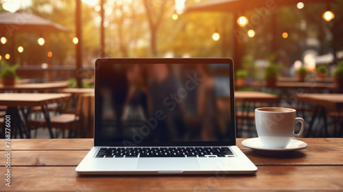 Laptop computer on wooden table in coffee shop with bokeh background