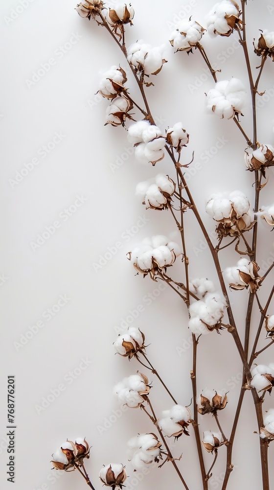 cotton branches on a light white background.