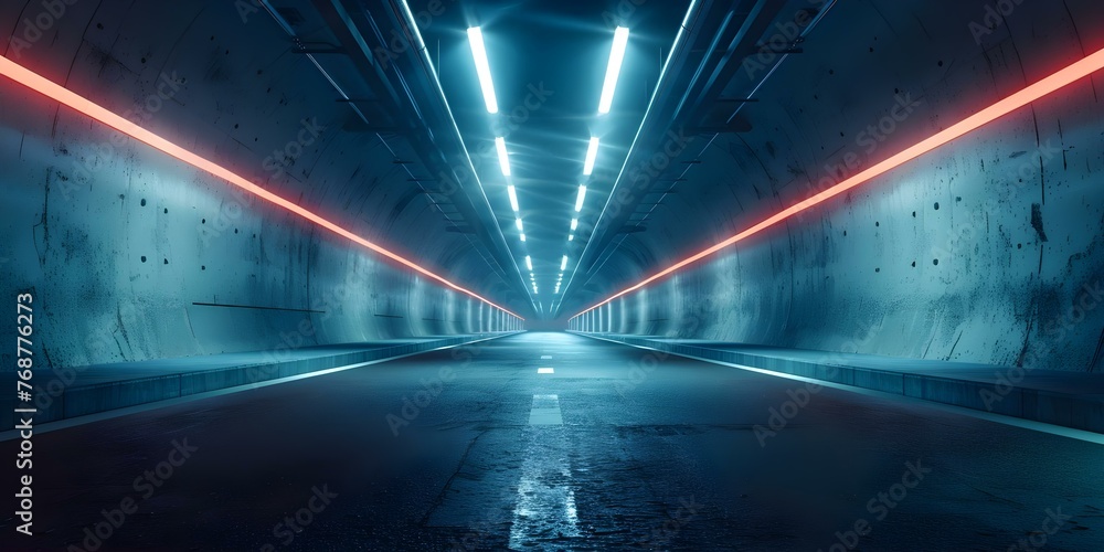 Dark underground tunnel with LED and neon lighting empty except for cement and asphalt floors. Concept Underground Tunnel, LED Lighting, Neon Lights, Cement Floors, Asphalt Floors