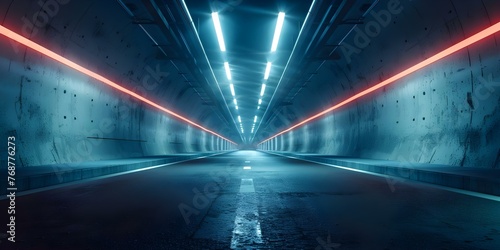 Dark underground tunnel with LED and neon lighting empty except for cement and asphalt floors. Concept Underground Tunnel, LED Lighting, Neon Lights, Cement Floors, Asphalt Floors © Ян Заболотний