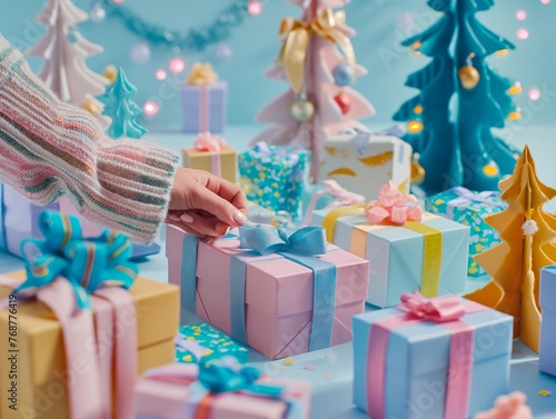 A person is reaching for a pink gift box with a blue bow on it. The box is surrounded by other colorful boxes, creating a festive and joyful atmosphere