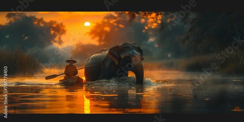 Sunset Voyage  Majestic Elephant and Guide in Silhouetted Waterway Banner