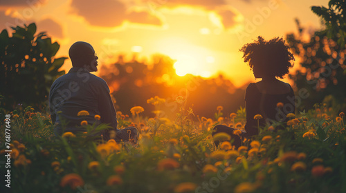Two people sitting in a flower field at sunset  enjoying a peaceful moment in nature.